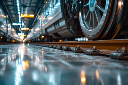 Modern train wheels swiftly moving on tracks, showcasing dynamic transport infrastructure scene.の素材