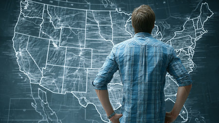 A Young Man Examines a Brightly Lit Map of the United States, Dreaming of New Adventures Aheadの素材