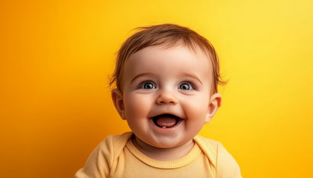 Close-up Portrait of an Adorable Baby with a Sincere Smile Against a Cheerful Yellow Backgroundの素材