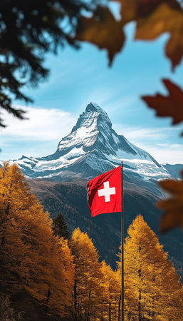 Stunning Swiss Landscape Featuring the Majestic Matterhorn Surrounded by Vibrant Autumn Colorsの素材