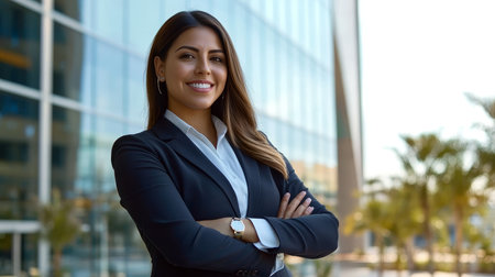Confident Latin Businesswoman in Stylish Coat Standing Against Urban Backdrop with Determined Lookの素材