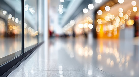 Elegant Modern Interior with Reflective Glass Panels and Soft Bokeh Lights on Polished Marble Floorsの素材
