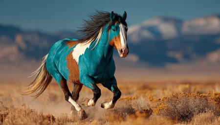Majestic Roan Paint Horse Galloping Across Arid Terrain With Scenic Views in the Backgroundの素材