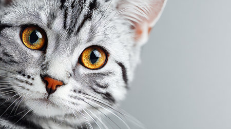 Charming American Shorthair Cat with Striking Amber Eyes, Posing Gracefully on a White Backgroundの素材