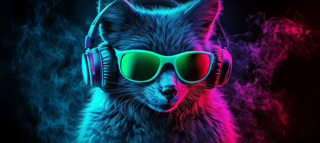 Neon Fox DJ with Headphones and Sunglasses in a Colorful, Smoky Party Atmosphere, Modern Art Styleの素材