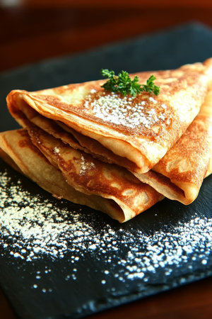 Deliciously Folded Crepes Topped with Powdered Sugar and Fresh Parsley on a Dark Slate Plateの素材