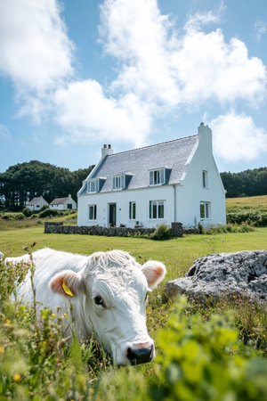 Pastoral Idyll Serene Meadows with Grazing Cows Near Charming Country Homes Under Blue Skiesの素材
