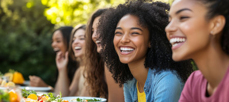 Diverse women joyfully sharing a meal outdoors in golden light, celebrating friendship.の素材