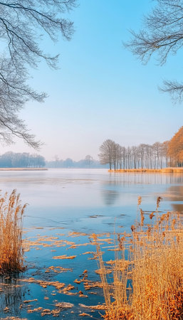 A Serene Winter Landscape Frozen Lake, Golden Reeds, and Trees Under a Clear Blue Sky at Duskの素材