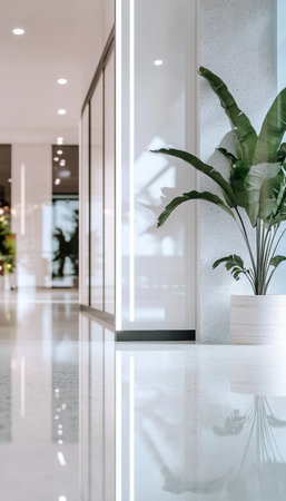 Luminous Hallway in Modern Business Center with Leafy Plant and Minimalist Design Aestheticsの素材