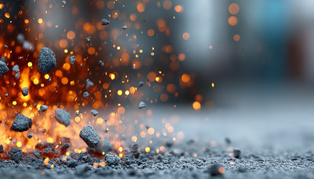 Mysterious Inferno Eruption with Gritty Textures, Blurred Background, and Spark Explosion Effectの素材