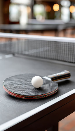 Close Up on a Racket on a Ping Pong Table for Indoor Table Tennis Game, Fun and Relaxation Sportの素材