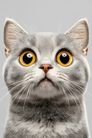 Charming American Shorthair Cat with Irresistible Eyes Posing Against a Gray Studio Backgroundの素材