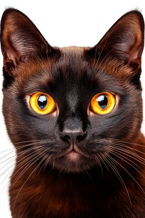 Captivating Elegance of a Havana Brown Cat with Striking Amber Eyes Posed Against a Simple Wallの素材