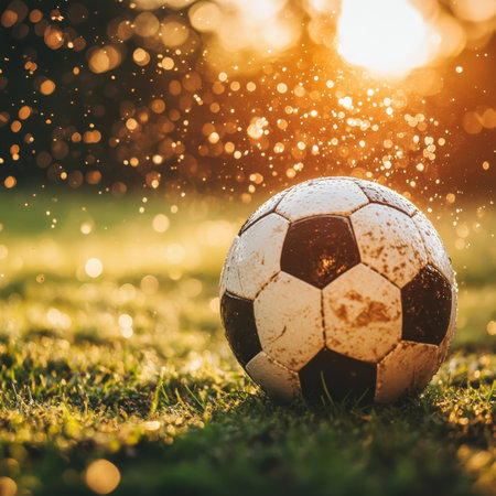 Soccer ball ready for kickoff at sunset, capturing the essence of teamwork and outdoor sports fun.の素材