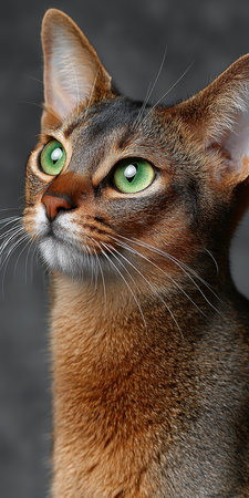 Abyssinian Cat with Striking Eyes Against a Clean Gray Background, Pure Breed Feline Beautyの素材