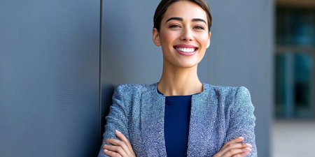Confident Latin Financier Smiling Outdoors, Embracing New Opportunities in Finance Corporate Settingの素材