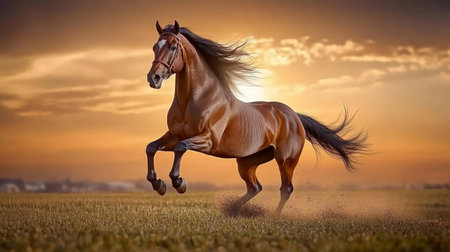 Majestic Thoroughbred Horse Galloping Freely at Sunset, Capturing the Essence of Power and Beautyの素材