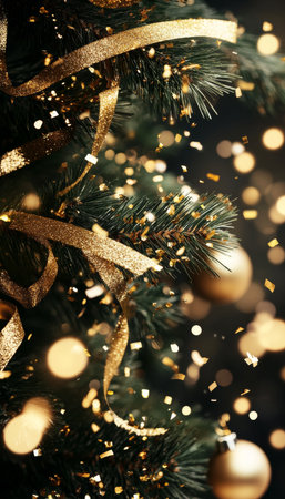 Joyful Holiday Decorations with Twinkling Lights, Gold Ribbons, and Colorful Ornamentsの素材