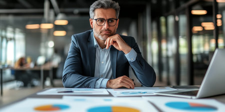 Serious Financial Analyst Reviewing Data and Documents with Laptop in Professional Office Settingの素材