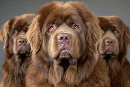 Chocolate Trio, Adorable Newfoundland Dogs in a Heartwarming Fine Art Group Portrait Togetherの素材