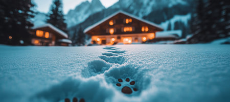Winter landscape with dog footprints leading to a cozy cabin in the snowy countryside at dusk.の素材
