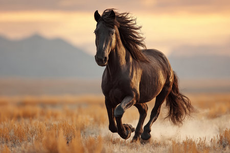 Majestic Dark Horse Galloping Freely Across Grassy Field with Beautiful Sunset and Flowing Maneの素材