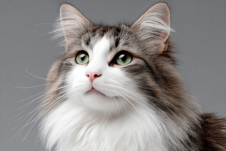 Captivating Norwegian Forest Cat with Striking Gaze Posed Elegantly Against a Gray Studio Backdropの素材