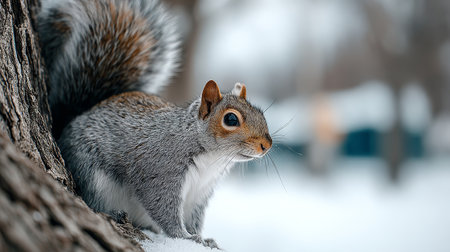 Alert Grey Squirrel Sitting on a Snow-Covered Tree Branch in a Cold Winter Woodland Landscapeの素材