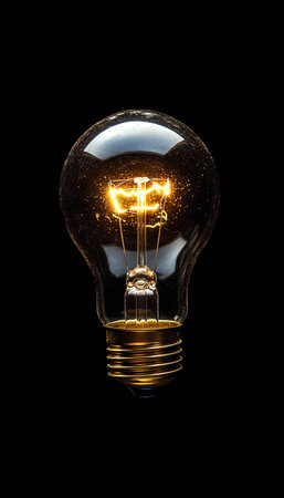 Illuminated Light Bulb Glowing Brightly Against a Dark Background, Symbolizing Creativity and Ideasの素材