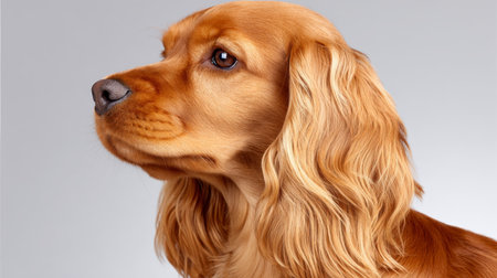 Ginger Cocker Spaniel Portrait, Close Up with Expressive Eyes and Charming Demeanor on Gray Backdropの素材