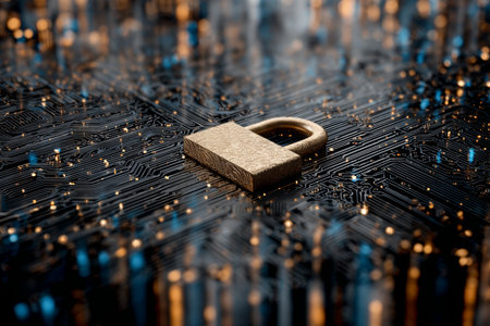 Padlock Symbolizing Cyber Protection and Security for Online Financial Data and Digital Technologyの素材