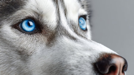 Stunning Close-Up of a Siberian Husky with Striking Blue Eyes Against a Soft Gray Backgroundの素材