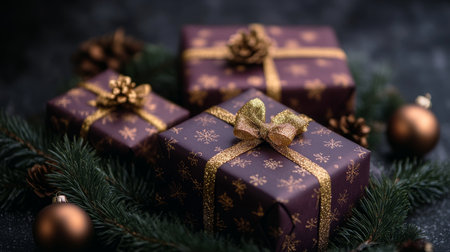 Elegant Maroon and Gold Holiday Presents Surrounded by Winter Greenery Against a Dark Backdropの素材