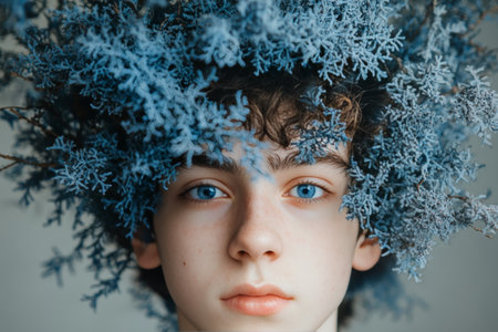 Ethereal Portrait of a Blue-toned Man with Captivating Gaze Amidst a Soft, Dreamy Bush Landscapeの素材
