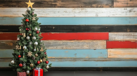 A festive Christmas tree lights up a cozy home, creating a warm and joyful holiday ambiance.の素材