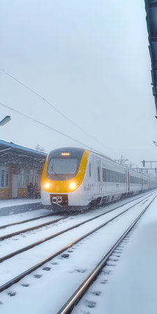 Winter Rail Journey High-Speed Train Gliding Through Snowy Landscapes and Scenic Views.の素材