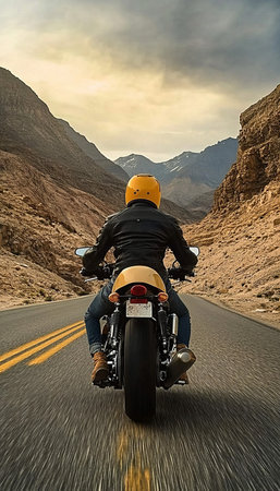 Motorcycle adventure seeker exploring breathtaking mountain landscapes, embracing the open road.の素材