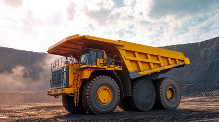 Yellow Dump Truck Parked at Mining Quarry Work Site, Loaded with Fuel for Heavy Construction Useの素材