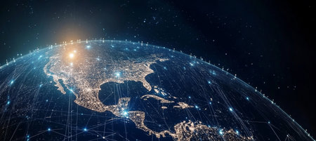 Networked Earth Glowing Sphere Depicting Global Data Connections and Illuminated Technology Conceptの素材