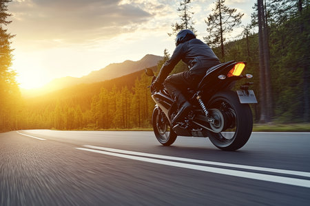 Biker riding a powerful motorcycle during a stunning sunset, embracing freedom on the open road.の素材