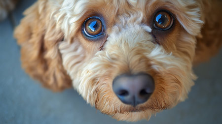 Adorable Poodle with Expressive Eyes and Fluffy Fur, Heartwarming Pet Stock Image on Gray Backgroundの素材