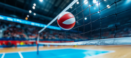 Exciting Volleyball Match in Action Players Diving, Jumping, and a Ball Flying Over the Netの素材