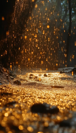 Golden Light Cascading Through Dark Woodland Path, Creating a Mystic Ambiance in Nature s Treasuresの素材