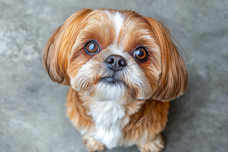 Charming Shih Tzu with Expressive Eyes Poses Adorably on Gray Background for Pet Lovers Delightの素材