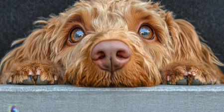 Adorable Poodle with Captivating Gaze and Charming Demeanor, Close Up Portrait on Gray Backgroundの素材
