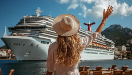 Joyful Vacationers Waving at an Enormous Cruise Ship, Embracing Travel Dreams and Escapismの素材