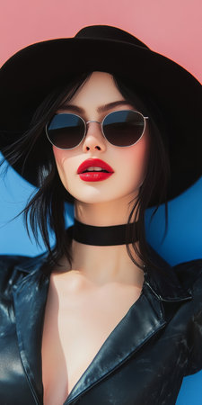 Stunning Fashion Portrait of Elegant Woman in Black Hat and Sunglasses with Bold Red Lips and Dressの素材