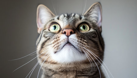 Stunning Bengal Cat Portrait on Gray Background, Capturing Its Unique Personality and Playful Natureの素材