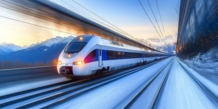 A Fast Train Racing Through a Winter Wonderland, Surrounded by Snow-Covered Mountains and Pine Treesの素材